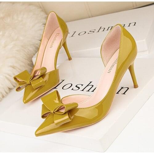Sweet Bowtie Shallow High Heels Shoes Women Autumn Pointed Toe Green Patent Leather Pumps Sexy Hollow Ladies Dress Party Shoes