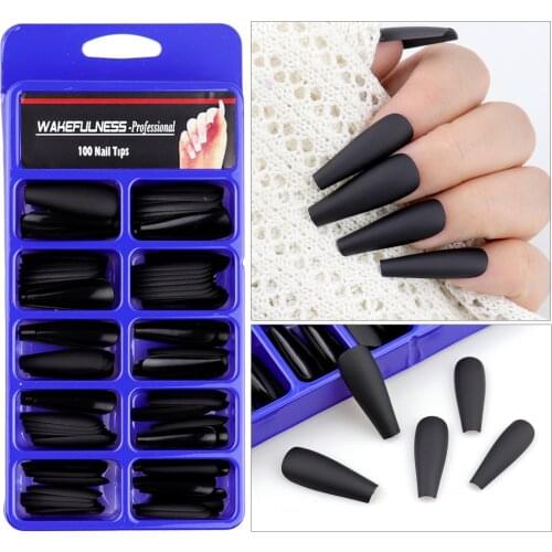 WAKEFULNESS 100Pcs/Set Black Matte Ballerina Fake Nails Long Ballerina Coffin Nail Art Tips ABS Full Cover Fasle Nails Tools