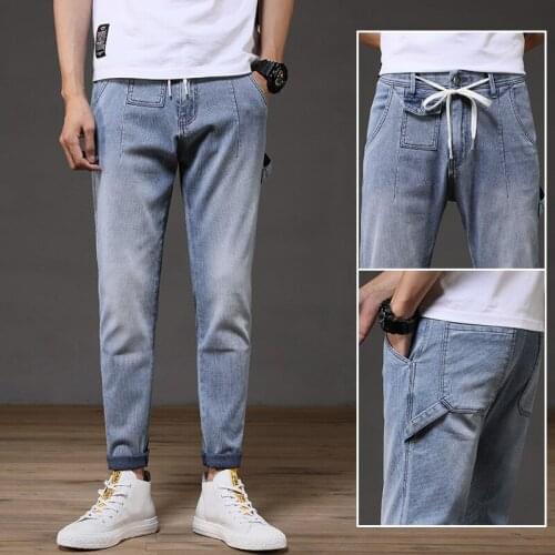 Ymwmhu Solid Minimalism Jeans Men Slim Fit Fashion Autumn and Winter Casual Trouser Drawstring Waist Pants Denim Korean Jean