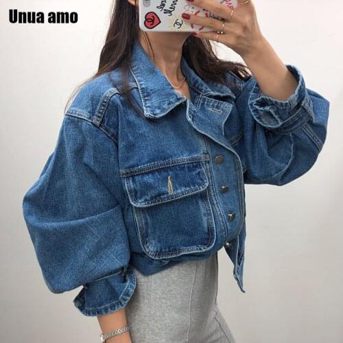 Unua amo 2021 Womens Denim Jacket Short Fashion Loose Wild Puff Sleeve Chic Pocket Denim Coat Outwear Streetwear Jeans Jackets