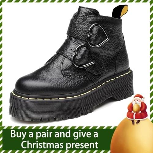 Womans martens boots DEVON HEART Leather Platforml boots pantshoes Ankle boots Litchi peel Milled Nappa Heightening shoes