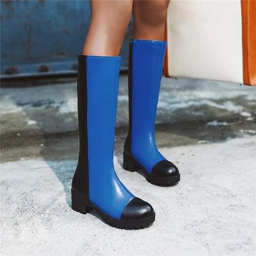 YMECHIC Autumn 2019 Chunky Block High Heels Mid Long Riding Womens Boots Blue White Patchwork Ladies Shoes Plus Size Botas 43 42