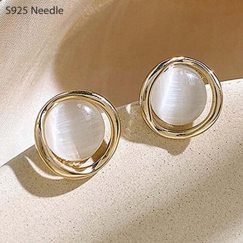 925 Sterling Silver Needle Stud Earrings for Women Jewelry Round Opal Cats Eyes Gold Female Earrings