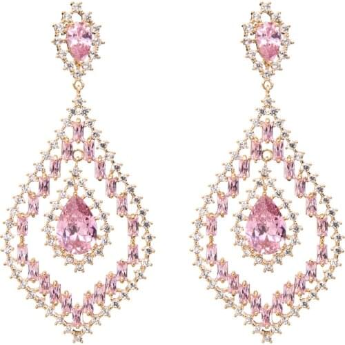 Charming Pink Cubic Zirconia CZ Dangle Water Drop Earrings for Women Prom Party Pierced Earring Jewelry Accessories Gift CE10570