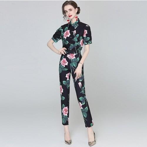 2021 Summer New Fashion Rose Flower Print Suit Women Single-Breasted Shirts Tops + Hight Waist Slim Long Pants Two Pieces Set