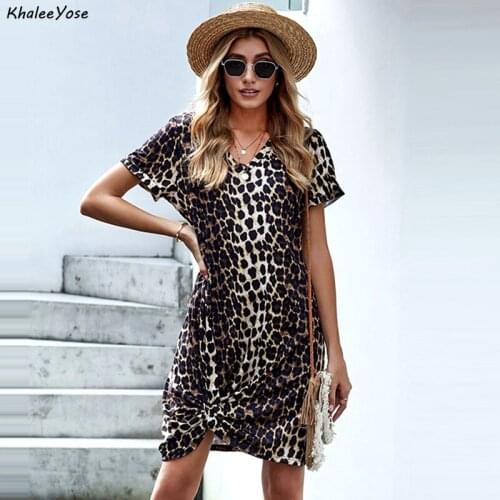 KHALEE YOSE Leopard Print Women T-shirt Dress Vintage Chic Summer Mini Dress Short Sleeve V-neck Plus Size Holiday 2XL Dresses