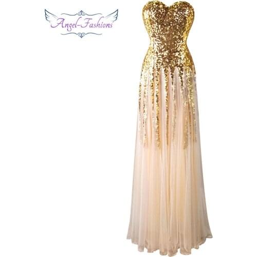 Angel-fashions Sweetheart Vintage 1920s Golden Sequins Long Evening Dress 106