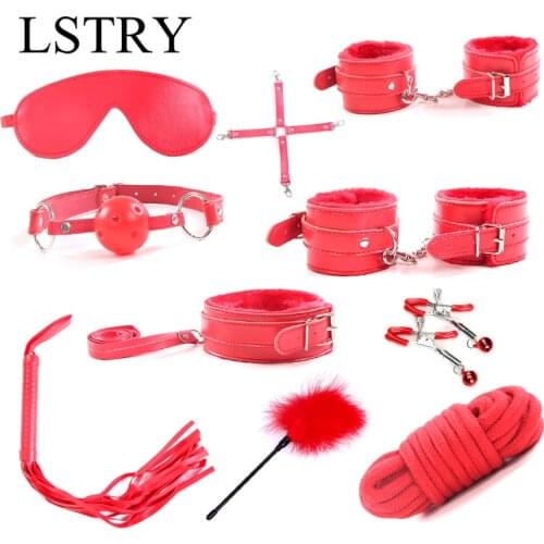 10Pcs/set Exotic Accessories For Woman PU Leather SM Sex Bondage Set Hand Cuffs Footcuff Whip Rope Blindfold Erotic For Couple