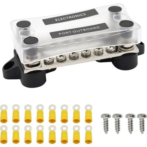 12V 150A 4 Studs Dual Row Bus Bar Electrical Terminal Junction Box Plastic with 16 Terminals Tin Plated Brass 4 Screws 1 Sticker