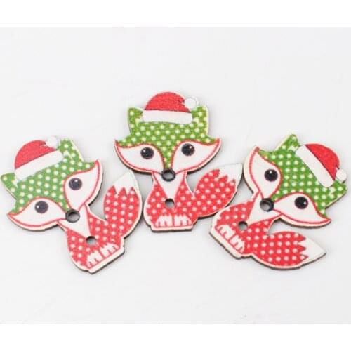 Cartoon Christmas Fox Pattern Diy Wooden Buttons Botone Handmade Accessories Decoration Sewing Scrapbooking Crafts 30x25mm 20pcs