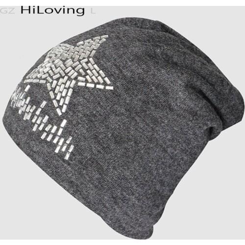 2016 Fashion Cuff Star Rhinestone Beanie Hats Big Long Knitting Hats For Women Autumn Winter Cotton Slouch Hip Hop Skull Cap