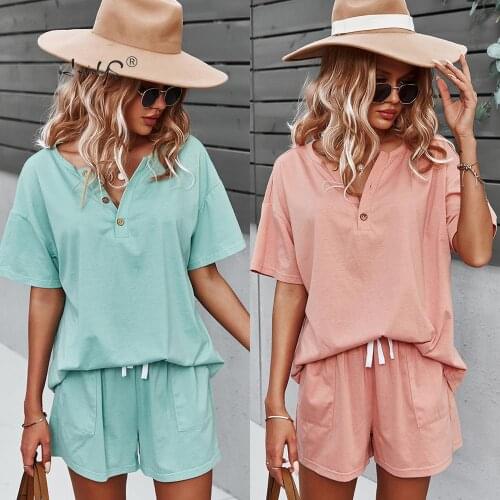 2021 Women Short Pullover Top Shorts Homewear Sets Summer O-Neck Elastic Waist Shorts Ladies Sleepwear Loose Streetwear Pajamas