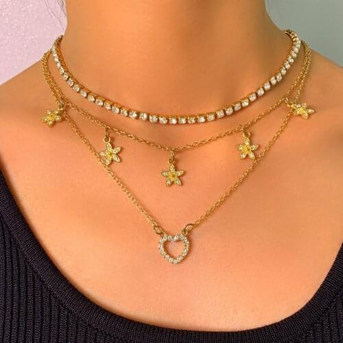 3Pcs/Set Hollow Crystal Heart Flower Pendant Necklace for Women Multilayer Bling Rhinestone Tennis Chain Choker Necklace Jewelry
