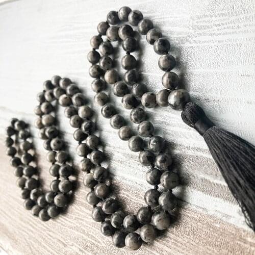 8mm Black Lavrakite Nala Necklace For Mens Gift 108 Hand Knotted Mala Jewelry Long Tassel Healing Necklace