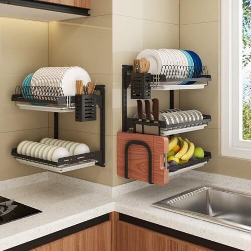 Black Stainless Steel Kitchen Storage Dish Drain Rack Wall-mounted Dish Rack Drain Rack Free Perforation Kitchen Storage Rack