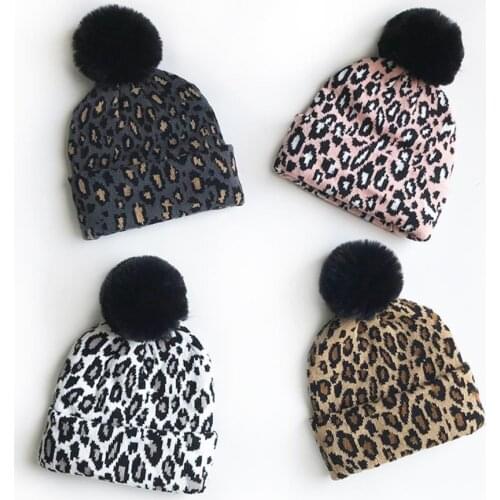 4Colors Children Girls Leopard Caps Kids Boys Pompom Hats Warm Winter Baby Girls Photography Props Hats