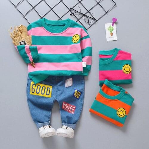 Children Clothing Set Cute Striped Kids Sports Suits Girl Long Sleeve T Shirt Jeans Cotton Boy Sweatshirt Smiley Pattern Costume