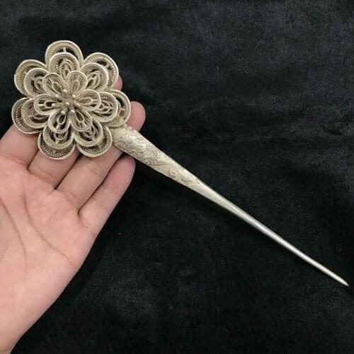 China old Carved Tibetan silver Embossed dragon flower hairpin