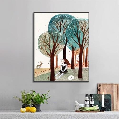 Cute Lovely Cartoon Girl Forest Canvas Hanging Pictures Decorative Paintings For Child Bedroom Living Room House Decor Poster