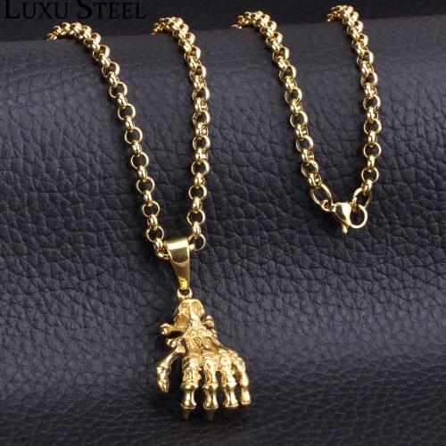 LUXUSTEEL Stainless Steel New Wholesale Gold Color Hiphop Skull Bones Hand Necklace Men Jewelry Hallowmas Gifts