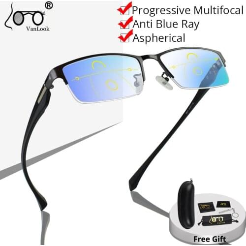 Progressive Multifocal Reading Glasses For Men Anti Blue Ray Metal Rectangular Half-Frame Eyewear +125+175+225+275