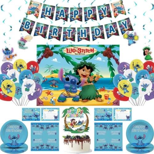 Disney Baby Lilo & Stitch Blue Theme Birthday Party Decoration Stitch Girls Children Birthday Balloon Flag Set For 5 People
