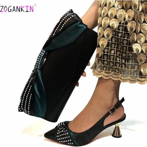 New Arrivals Black Color African Matching Shoes and Bag Set with Shinning Crystal Comfortable Heels for Wedding Italian Style