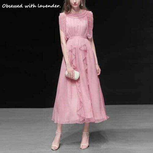 Obsessed with lavender. Lotus flounced chiffon dress temperament waist pink slim long dress ladies 2020 new summer dress