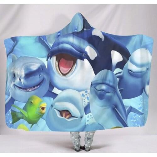 Marine Animals Printed Hooded Blanket Super Soft Microfiber Throw Blanket for Adult Kids All Seasons Bedding Wearable Blankets