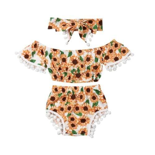 Toddler Girl Clothes Baby Girls Sunflower Short Sleeve Tops Shorts Headband Outfits Set Clothes