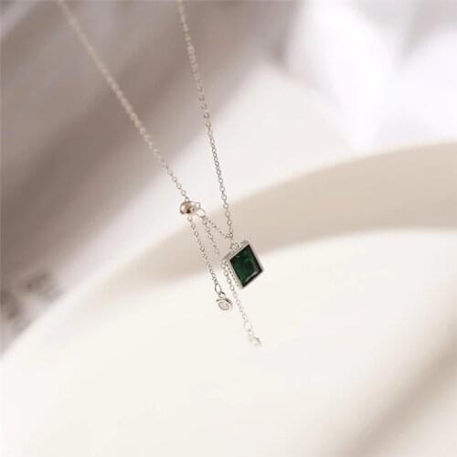 Sole Memory Square Green Crystal Retro Simple Personality 925 Sterling Silver Clavicle Chain Female Necklace SNE465