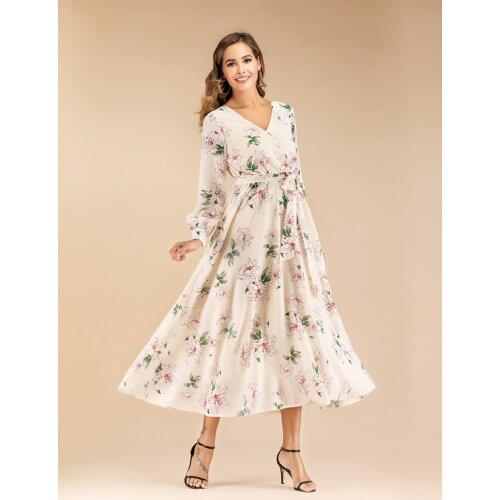 YYCZF 2021 Women Dress Sexy Polka Floral Print Long Sleeve Spring Autumn Single-breasted Belt Party Maxi Dress Womens Clothing