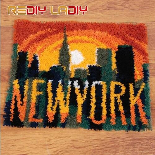 Latch Hook Rug Crocheting Cushion Mat New York Sunset Tapestry Kits Acrylic Yarn Pre-Printed Canvas DIY Carpet Rug Arts & Crafts