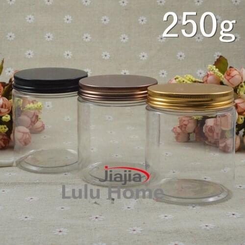 30pc/lot 250ml Clear Plastic Cosmetic Jar Serum Bottle Gold Brown Black Plating Aluminum Cover 250g Cream Container
