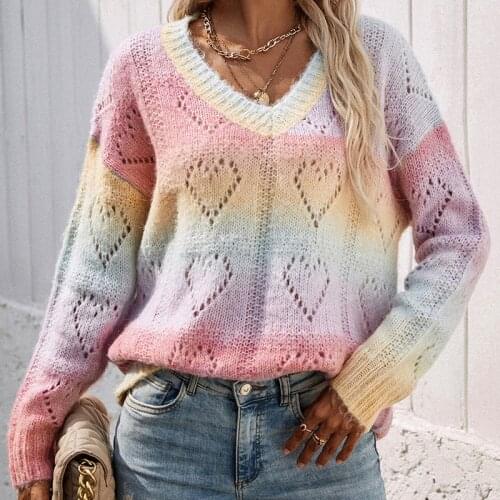 Rainbow Sweater Autumn 2021 Women Sweaters and Pullovers Hollow Out V Neck Fashion Woman Print Soft Girls Loose Female Knit Top