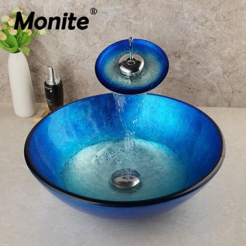 Monite Blue Artist Tempered Glass Bathroom Designer Vessel Sink Basin Bowl Faucet Set With the Pop Up Drain & Mounting Ring
