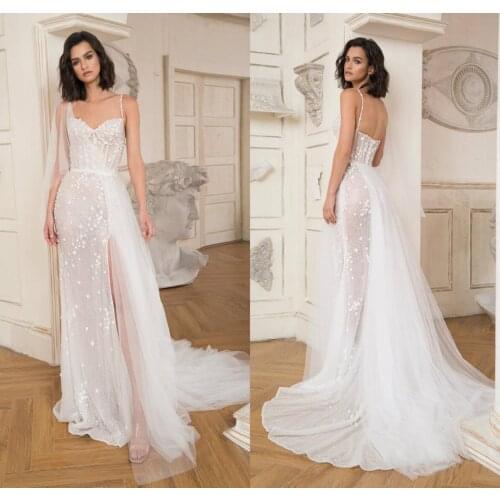 New Wedding Dresses Spaghetti Strap Lace Applique Split A Line Bridal Gowns Custom Made Sexy Open Back Sweep Train Wedding Dress