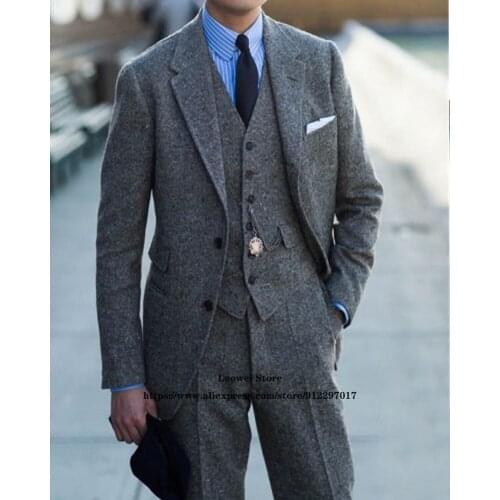 Tweed Mens Suits Classic Notched Lapel 3 Piece Sets Formal Business Wool Blazer Vintage Wedding Groom Tuxedo Jacket+Vest+Pants