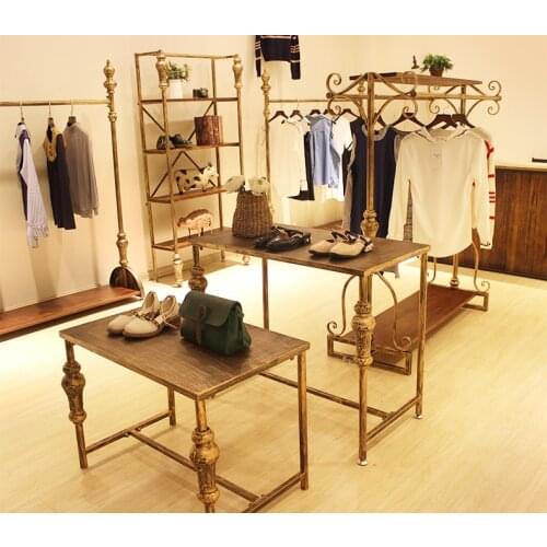 Clothing store display rack. High and low tables. Floor-to-ceiling display cabinets. Iron art vintage shoes bag shelves 1108