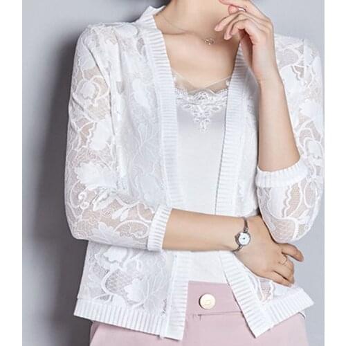 Women Summer Kimono Cardigan Hollow Out Shirts Tops Beach Lace Sunscreen Outwear Casual Three Quarter Sleeve Blouse Plus Size