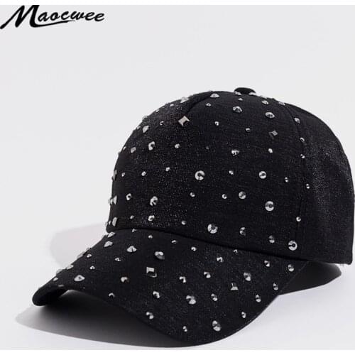 Womens Solid Pink Color Baseball Hat With Rhinestone Cap Girl Sun Hats Diamond Girl Beauty Casual Caps Snap Back Gorras Bones