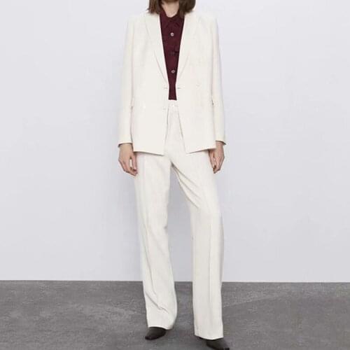 Za 2021 Fashion Womens Set Double Breasted Beige Blazer Pants Set Suit High Street 2 Piece Set Blazer and Pants BB1384