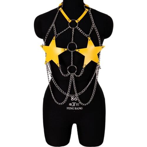 Chain Body Harness Bra Leather Pentagram Yellow Sexy Body Cage Punk Goth Dance Festival Rave Women Crop Top Lingerie Adjustable