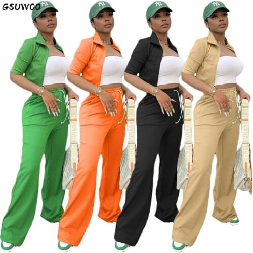 Gsuwoo Fitness Autumn Womens Set Outwear Two Piece Set Solid Short Sleeve Short Jacket Tops Jogger Pants Suit Workout Tracksuit