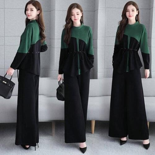 2 Two Piece Set Women Patchwork O Neck Long Top and Long Pants Set Sexy Autumn Long Sleeve Tracksuit Women Conjunto Feminino