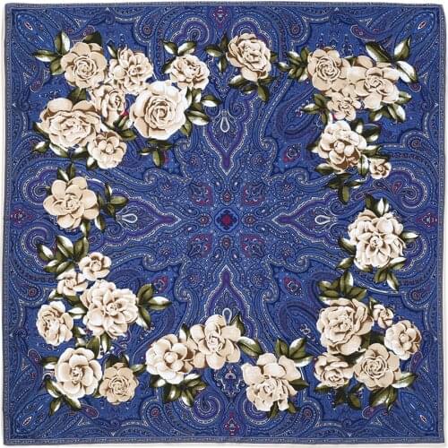 POBING 100% Silk Scarf Women Retro Cashew Flower Print Bandana Luxury Neckerchief Female Hijab Square Scarves Wraps Silk Foulard