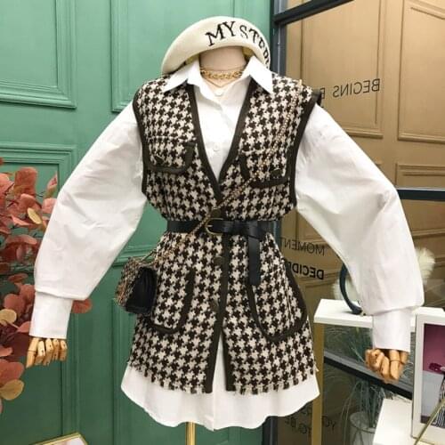 2-Piece Set Women Vest Coat Long Sleeved Shirt 2021 Autumn Houndstooth Tweed Waistcoat Jacket Blouse Two-piece Suit Gilet Femme