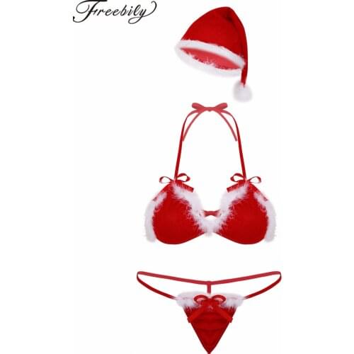 3Pcs Womens Soft Velvet Christmas Costume Lingerie Sets Halter Neck Bikini Bra Top with G-string Thong Briefs Underwear and Hat
