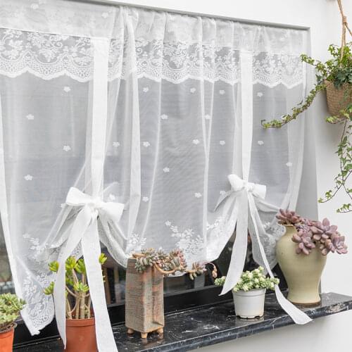 White Lace Roman Curtains for Living Room Bedroom Princess Tie up Tulle Short Sheer Curtains Window Valance for Kitchen Bathroom