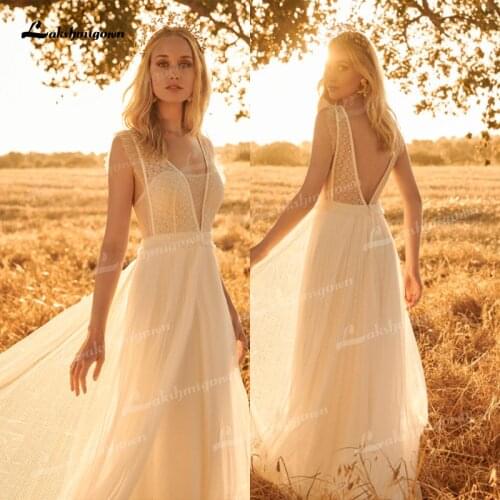 Bohemian Beach Wedding Dress Boho Lace Elegant V Neck Floor Length Tulle Bride Gowns Robe De Mariee Plus Size